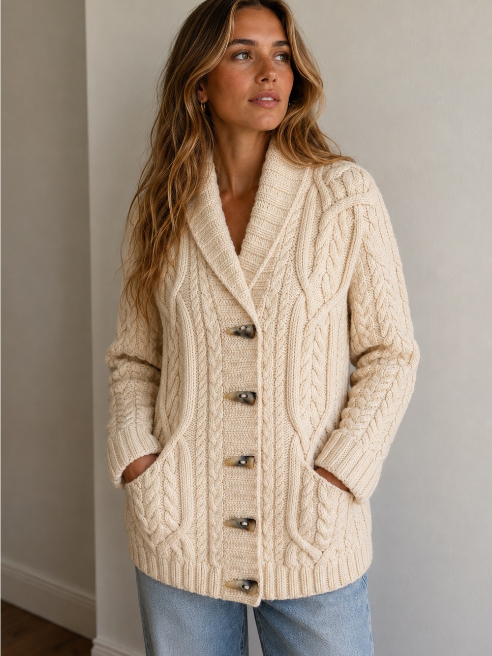 Lauren Ralph Lauren 100% wool hand knit Cream Cable‑Stitch Shawl Collar Cardigan